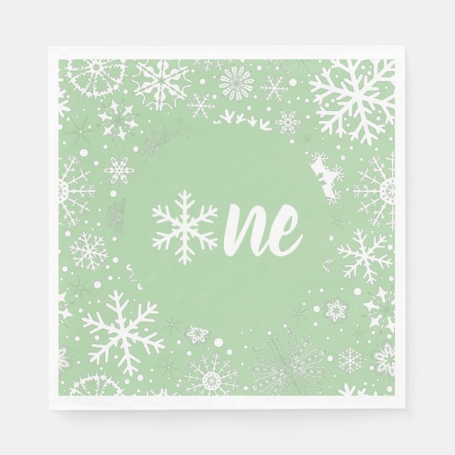 Sage Green Winter First Birthday Snowflake One  Napkin (Front)