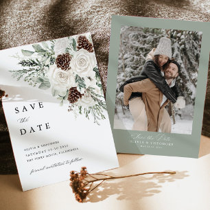 Sage Green Winter Floral Pine Photo Back Wedding Save The Date