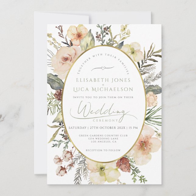 Sage Green Winter Gold Botanical Monogram Wedding Invitation (Front)