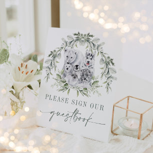 Sage Green Winter Holiday Artic Animals Guestbook Pedestal Sign