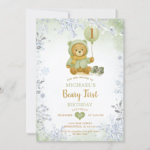 Sage Green Winter Snowflake Beary First Birthday Invitation