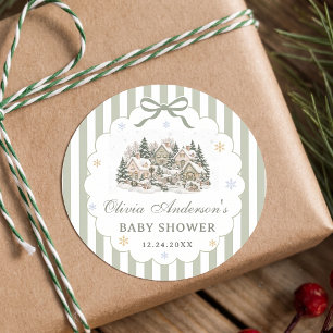 Sage Green Winter Village Christmas Baby Shower Classic Round Sticker