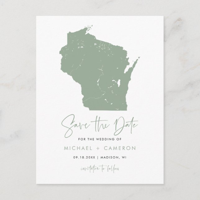 Sage Green Wisconsin Map Modern Save the Date Announcement Postcard (Front)