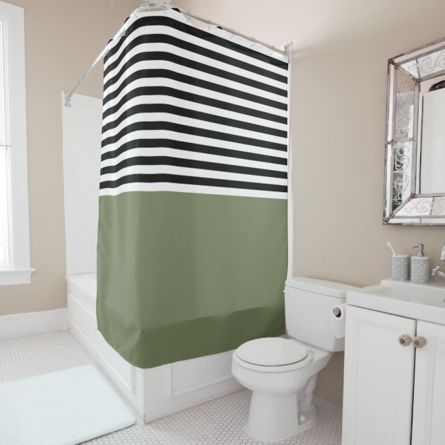 Sage Green With Black and White Stripes Shower Curtain (In Situ)