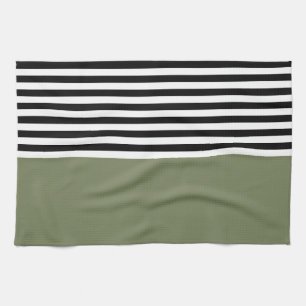 Sage Green With Black and White Stripes Tea Towel