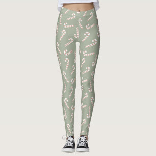 Sage Green with Red and White Candy Canes Leggings