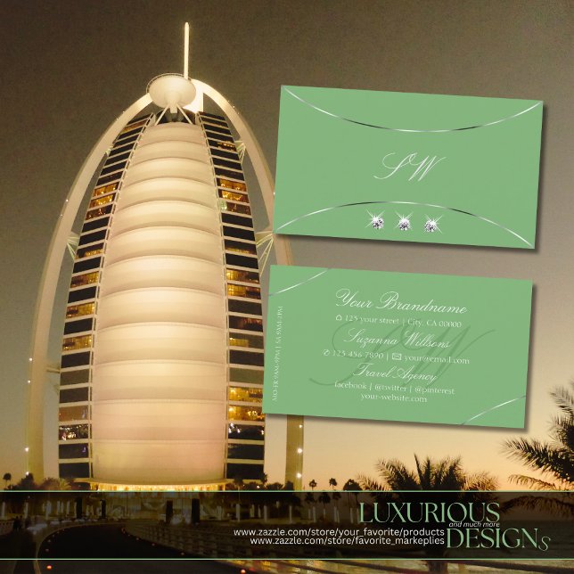Sage Green with Silver Decor Diamonds and Monogram Business Card (Creator Uploaded)
