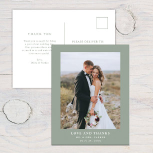 Sage Green with Text and Photo Wedding Thank You Postcard