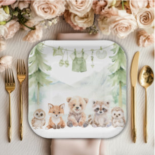 Sage Green Woodland Adventure Awaits Baby Shower Paper Plate