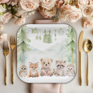 Sage Green Woodland Adventure Awaits Baby Shower Paper Plate