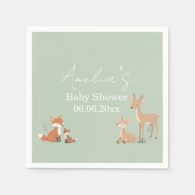 Sage Green Woodland Animal Baby Shower  Napkin (Front)