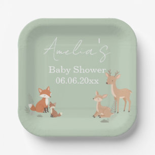 Sage Green Woodland Animal Baby Shower Paper Plate