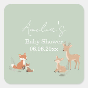 Sage Green Woodland Animal Baby Shower Square Sticker