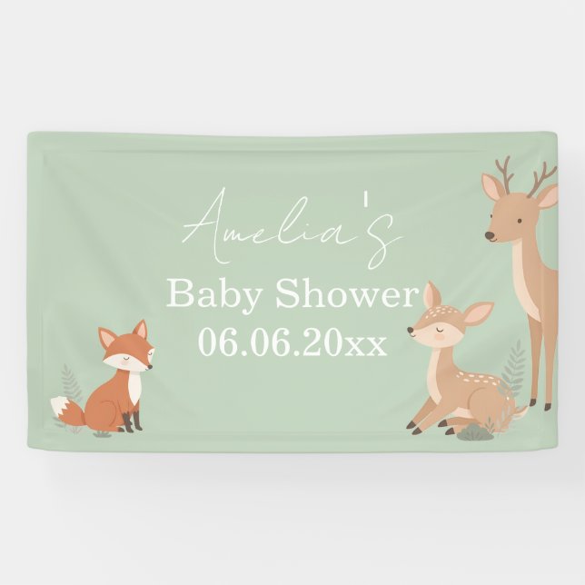Sage Green Woodland Animal Baby Welcome Invitation Banner (Horizontal)