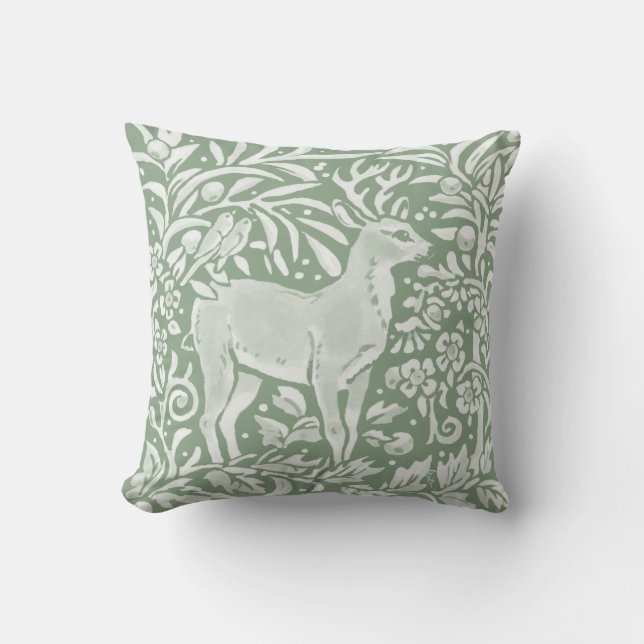 Sage Green Woodland Deer Bird Nature Throw Pillow (Front)