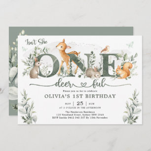Sage Green Woodland One-deerful 1st Birthday Girl Invitation