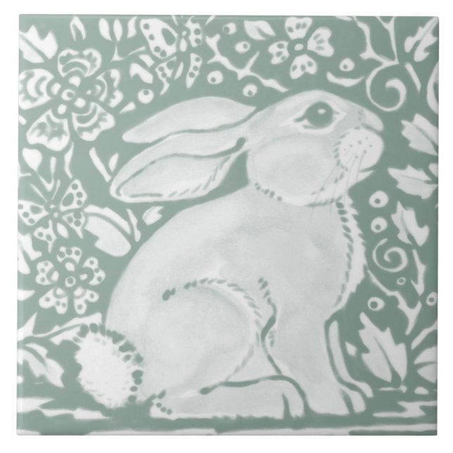 Sage Green Woodland Rabbit Forest Animal Cute Ceramic Tile (Front)