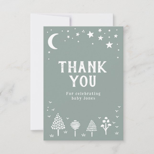 Sage Green Woodland Stars Baby Shower Thank You Card (Front)