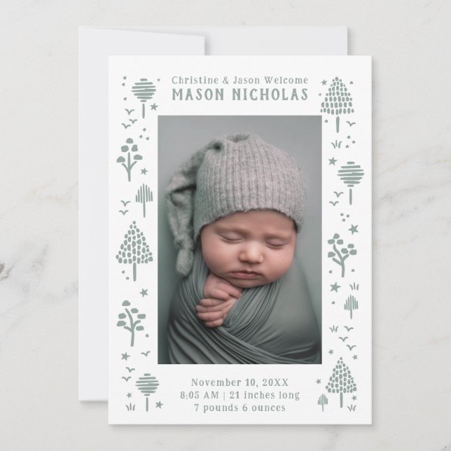 Sage Green Woodlands Photo Birth Announcement (Front)