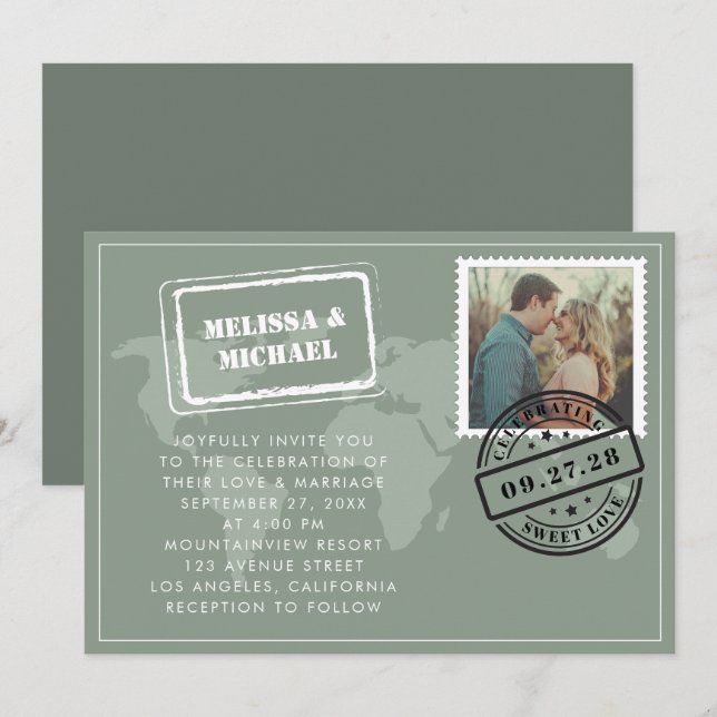 Sage Green World Map Destination Wedding Photo Invitation (Front/Back)