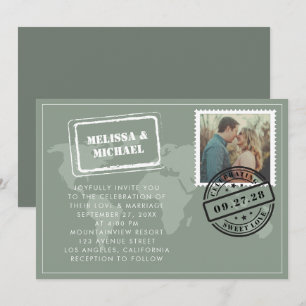 Sage Green World Map Destination Wedding Photo Invitation