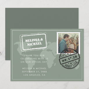 Sage Green World Map Destination Wedding Photo Thank You Card