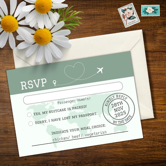 Sage Green World Map Destination Wedding RSVP Card (Creator Uploaded)