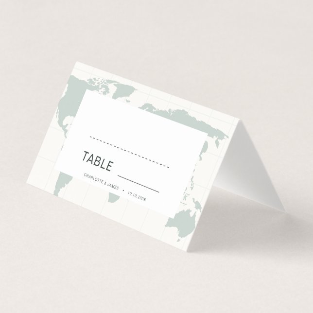 Sage Green World Map Wedding Table Place Cards (Front)