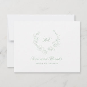 Sage Green Wreath Monogram Elegant Wedding Thank You Card
