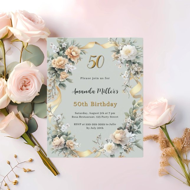 Sage green yellow florals gold birthday invitation (Creator Uploaded)