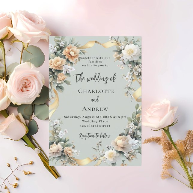 Sage green yellow florals gold wedding invitation (Creator Uploaded)