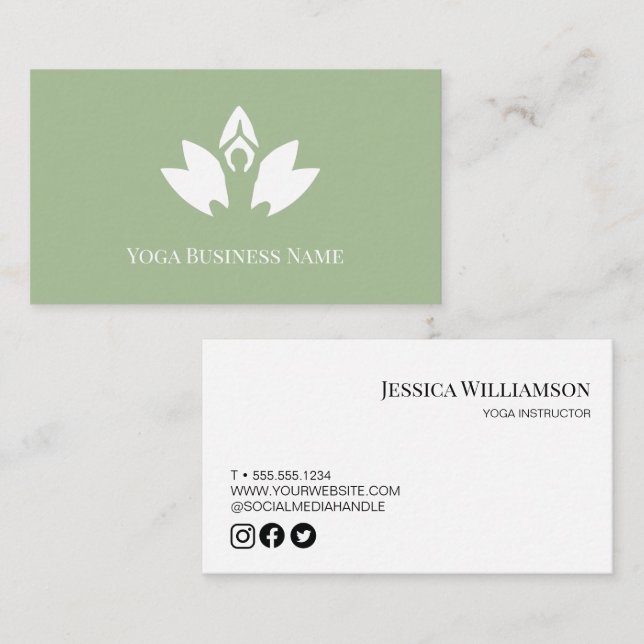 Sage green Yoga Lotus Flower Customisable Business Card (Front/Back)