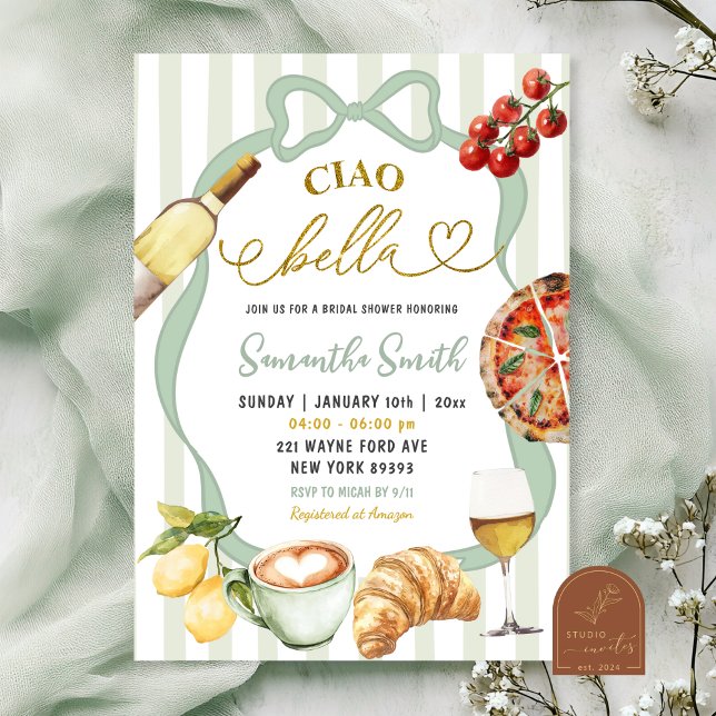 Sage GreenCoquette Stripes Italy Ciao Bella Bridal Invitation (Creator Uploaded)