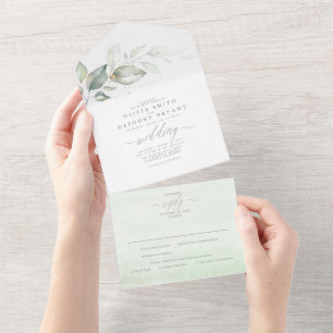 Sage Greenery and Gold Leaves Elegant Wedding All In One Invitation