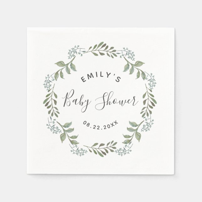 Sage Greenery Botanical Wreath Baby Shower Napkin (Front)