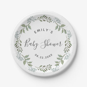 Sage Greenery Botanical Wreath Baby Shower Paper Plate