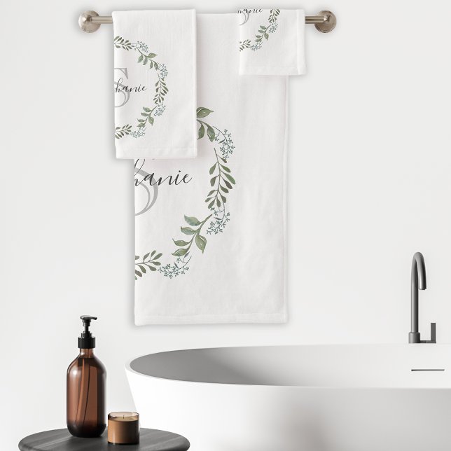 Sage Greenery Botanical Wreath Monogram Bath Towel Set (Creator Uploaded)