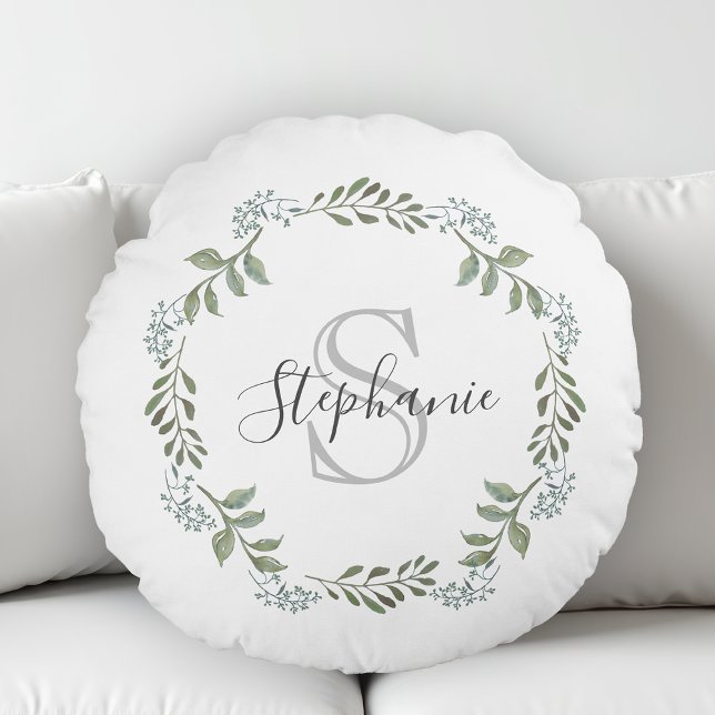 Sage Greenery Botanical Wreath Monogram Round Cushion (Creator Uploaded)