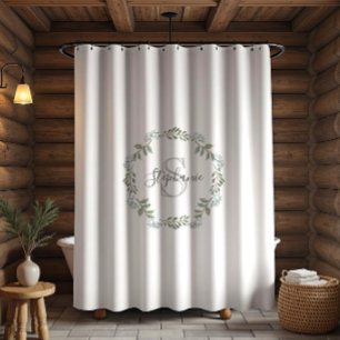 Sage Greenery Botanical Wreath Monogram Shower Curtain
