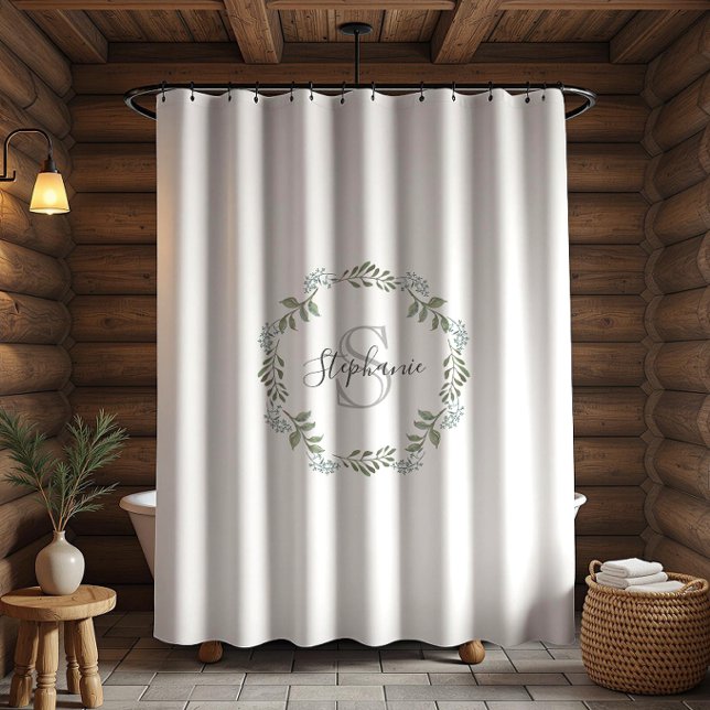 Sage Greenery Botanical Wreath Monogram Shower Curtain (Creator Uploaded)