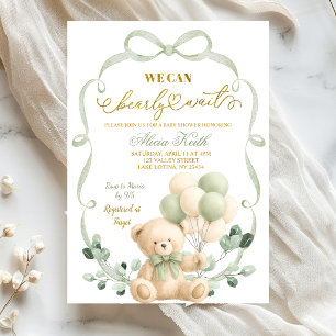 Sage Greenery Bow Coquette Bear Baby Shower Invitation