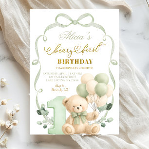 Sage Greenery Bow Coquette Beary First Birthday Invitation
