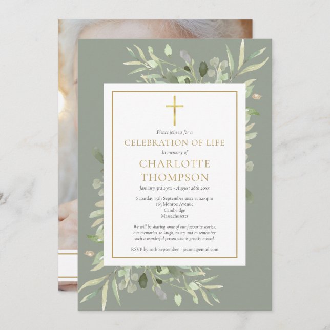 Sage Greenery Christian Celebration of Life Photo Invitation (Front/Back)