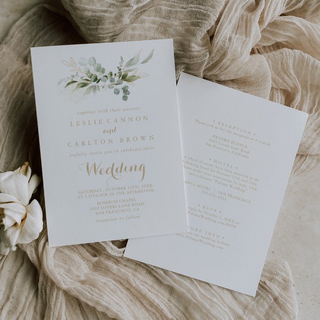 Sage Greenery Eucalyptus Gold Front & Back Wedding Invitation (Creator Uploaded)