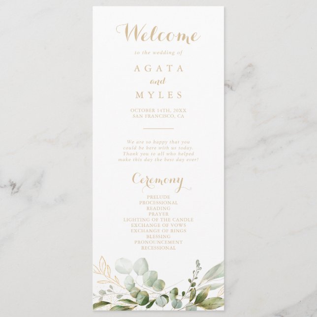 Sage Greenery Eucalyptus Gold Wedding Program (Front)