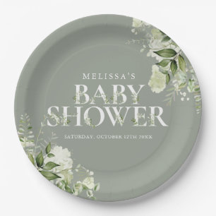 Sage Greenery Floral Gender Neutral Baby Shower Paper Plate