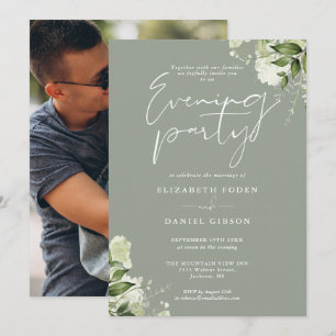 Sage Greenery Floral Photo Wedding Evening Party Invitation