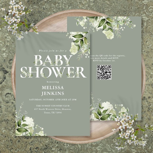 Sage Greenery Floral QR Code Baby Shower Invitation (Sage Greenery Floral QR Code Baby Shower Invitation)