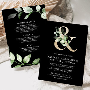 Sage Greenery Gold Ampersand Black Wedding Invitation