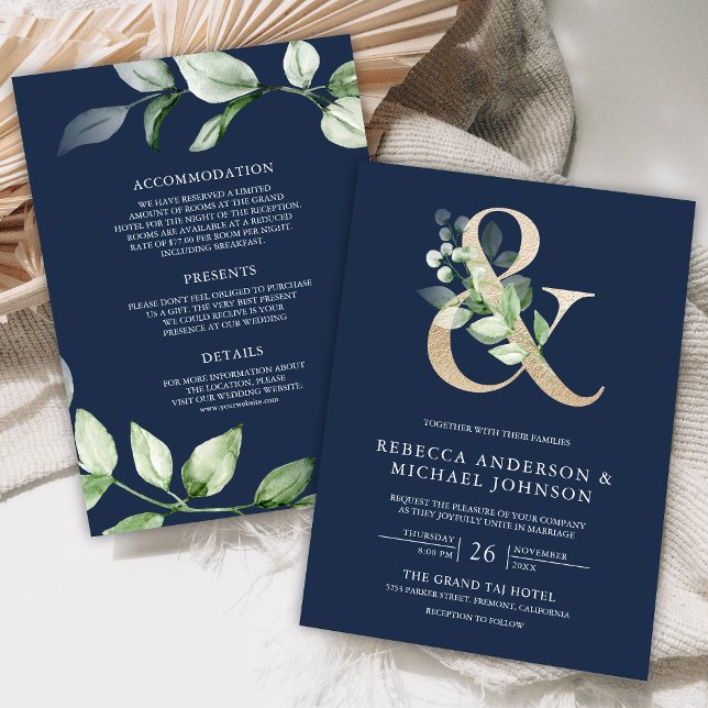 Sage Greenery Gold Ampersand Navy Blue Wedding Invitation (Creator Uploaded)